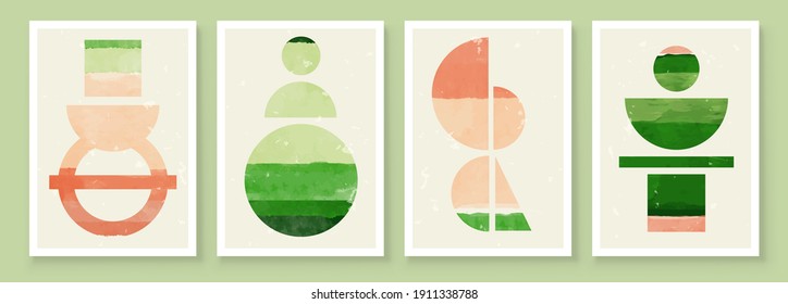 Mid Century Modern Design. A trendy set of Abstract Green Hand Painted Illustrations for Wall Decoration, Social Media Banner, Brochure Cover Design or Postcard Background. Aesthetic watercolor.