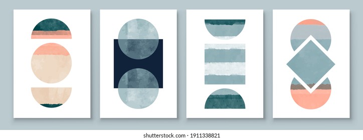 Mid Century Modern Design. A trendy set of Abstract Hand Painted Illustrations for Wall Decoration, Social Media Banner, Brochure Cover Design or Postcard Background. Aesthetic watercolor.