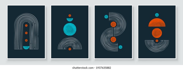 Mid Century Modern Design. A trendy set of Abstract Black Hand Painted Illustrations for Postcard, Social Media Banner, Brochure Cover Design or Wall Decoration Background. Vector illustration.