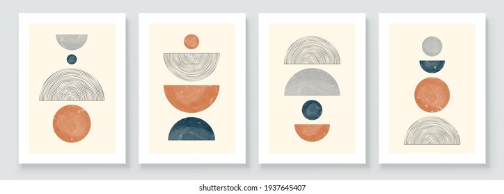 Mid Century Modern Design. A trendy set of Abstract Hand Painted Illustrations for Wall Decoration, Social Media Banner, Brochure Cover Design or Postcard Background. Aesthetic watercolor