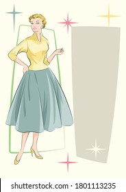 Mid Century Modern Fashion Illustration Style, Stylish Woman 1950s Wear 