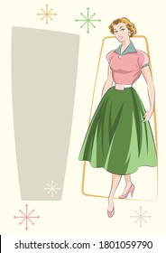 Mid Century Modern Fashion Magazine Illustration Stylization, Stylish  Woman from the 1950s 