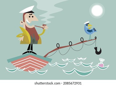 mid century modern flat character of a male old captain standing on the sailing boat with smoking pipe and seagull standing on the fishing rod. vector illustration