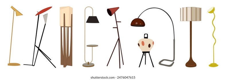 Mid Century Modern Floor lamps set. Different interior light decor standing. Flat vector illustrations, interior design elements isolated on white background. Hand made, not AI generated	