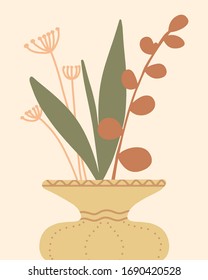 Mid century modern flower pot with plants minimal design vector illustration