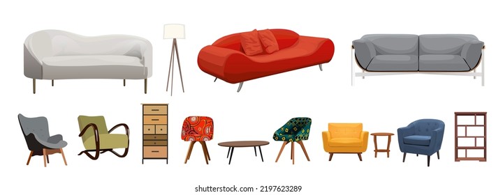 Mid Century Modern Furniture Collection. Armchairs, Sofa, Coffee Table, Shelfs, Lamp, Dresser Colorful Vector Realistic Illustration Isolated On White Background. Comfortable Interior For Living Room