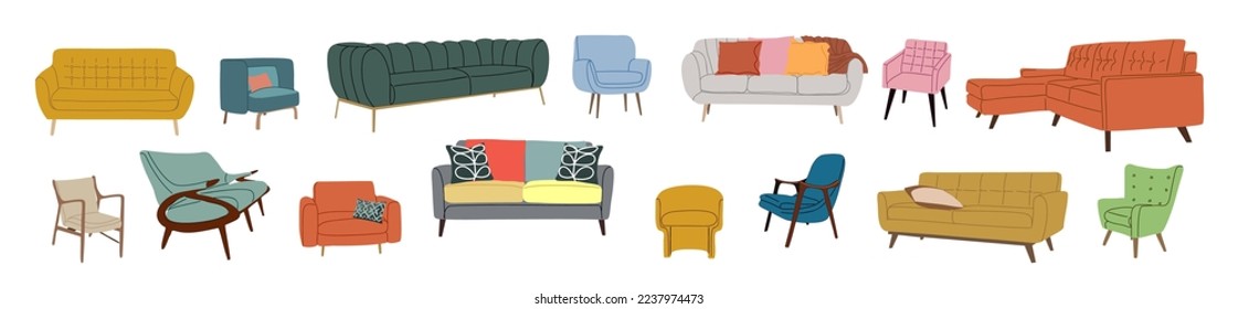 Colección de muebles modernos de mediados de siglo. Sofás, sillas, sillones y sofás de diseño con cojines. Ilustraciones vectoriales planas con estilo de dibujos animados aisladas en fondo blanco