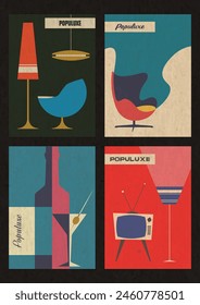 Mid Century Modern Furniture Poster Set. Populuxe Style Chair, Lamp, Floor Lamp, TV Set. Space Age 1950s - 1960s Shapes and Colors, Aged Paper Texture Pattern 