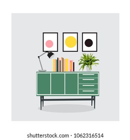 mid century modern furniture set collection.vector illustration 1950 1960. interior design drawing.  