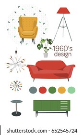 Mid Century Modern Furniture Set. Vector Living Room 1960 1950. Retro Vintage Interior Design Elements. Home. Mood Board.