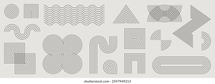 Mid century modern geometric elements set - abstract motifs with arches, circles, waves and stripes. Retro lines and shapes for architectural design. Minimal trendy decorative stylized ornaments pack.
