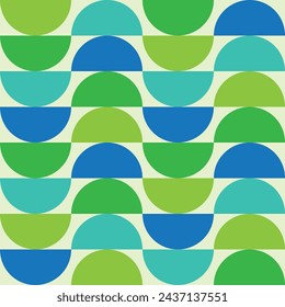 Mid century modern geometric half circles seamless pattern in green, teal and blue. For poster, home décor and wallpaper