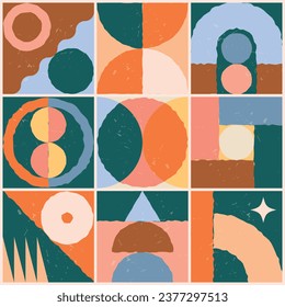 Mid century modern geometric pattern with various shapes, irregular edges and vector textures