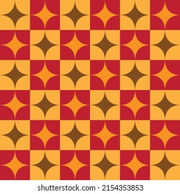 Mid century modern geometric stars seamless pattern on orange and yellow squares. For home décor, wallpaper and textile  