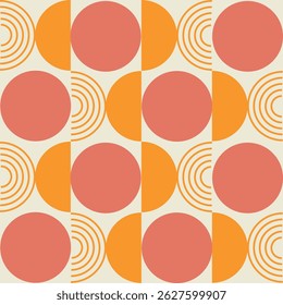Mid Century Modern Geometric Terracotta circles with  orange  half circle lines seamless pattern. For wall art, wallpaper, home décor and fabric