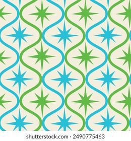 Mid Century Modern Green and Blue Retro starbursts on ogee ovals seamless pattern. For wallpaper, textile and fabric 