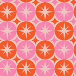 Mid Century Modern Groovy White Starbursts On Pink And Orange Big Circles Seamless Pattern. For Home Décor, Textile And Wallpaper. 