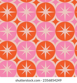 Mid Century Modern Groovy white starbursts on pink and orange big circles seamless pattern. For home décor, textile and wallpaper. 