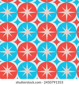 Mid Century Modern Groovy white starbursts on red and blue big circles seamless pattern. For home décor, textile and wallpaper.