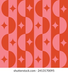 Mid century modern half circles and retro starbursts seamless pattern in pink and orange. For home décor, wallpaper and retro backgrounds. 