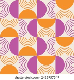 Mid Century Modern half circles and geometric lines seamless pattern in orange and pink. For wall art, home décor and wallpaper 