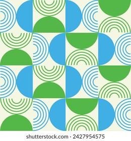 Mid Century Modern half circles and geometric lines seamless pattern in blue and green . For wall art, home décor and wallpaper