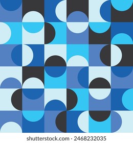 Mid century modern half circles seamless pattern in blue, turquoise, black and white  For home décor, modern art poster and textile