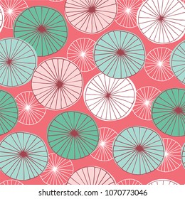 Mid Century Modern hand drawn seamless circle pattern in pink, teal, mint, white and coral