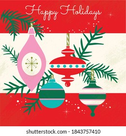 Mid Century Modern Holiday Design. Bold Vector Design Elements With Classic 1960's Colors. Happy Holidays In Hand Lettered Script Font.