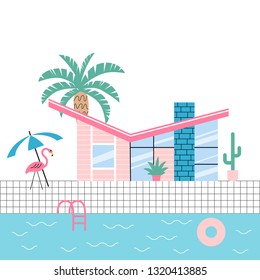 Mid Century Modern House With Palm Trees And Plastic Flamingo