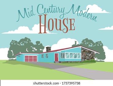 Mid Century Modern House Retro Style Poster, 1960s, 1970s Home  Vintage Architecture, Populuxe Style 