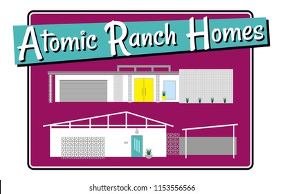 Mid Century Modern Houses, Atomic Ranch Homes, 50s And 60s Vintage Home Designs, Modernism Week In Palm Springs, California, MCM Retro House Vectors