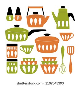 Mid Century Modern Kitchen Poster. Collection Of Cooking Utensil. Vector Clipart. 