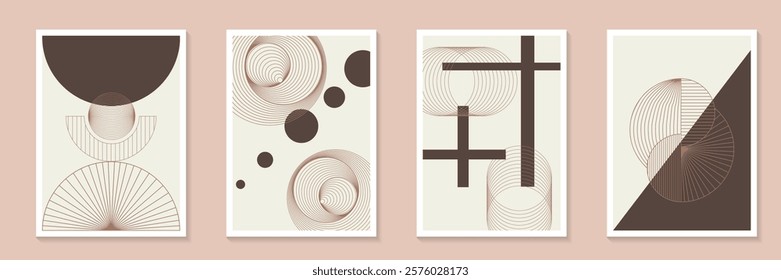 Mid century modern minimal element mid century poster background vector set. Pantone Color of the Year mocha mousse Minimalist geometric style cover template with Aesthetic contemporary stripe line