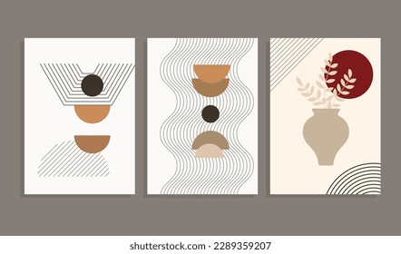 mid century modern minimal template set,with branches,vase,wavy lines,geometric forms,for cover, wall-art,