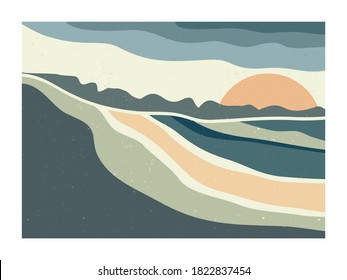 Mid century modern minimalist. Abstract nature, sea, sky, sun, river, rock mountain landscape poster. Geometric landscape background in scandinavian style. Vector illustration