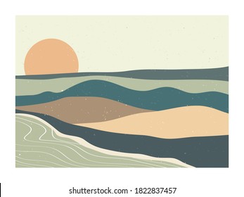 Mid century modern minimalist. Abstract nature, sea, sky, sun, river, rock mountain landscape poster. Geometric landscape background in scandinavian style. Vector illustration