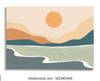 Mid century modern minimalist. Abstract nature, sea, sky, sun, river, rock mountain landscape poster. Geometric landscape background in scandinavian style. Vector illustration