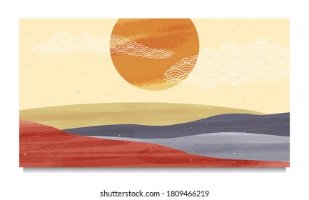  Mid century modern minimalist art print  Abstract contemporary aesthetic backgrounds landscapes set and Sun  Moon  sea  mountains  vector illustrations