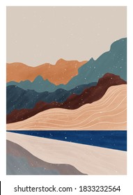 Mid century modern minimalist art print. Abstract contemporary aesthetic backgrounds landscapes set with Sun, Moon, sea, forest, mountains. vector illustrations