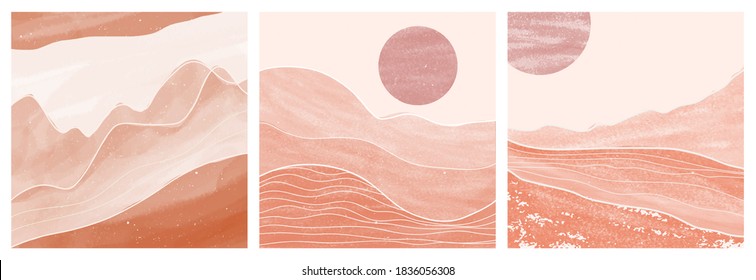 Mid century modern minimalist art print. Abstract contemporary aesthetic backgrounds landscapes set with Sun, Moon, sea, mountains. vector illustrations