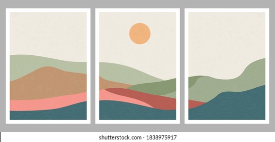 Mid century modern minimalist art print. Abstract contemporary aesthetic backgrounds landscape with forest and mountains. vector illustrations