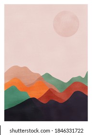 Mid century modern minimalist art print. Abstract contemporary aesthetic backgrounds landscapes set with Sun, Moon, sea, forest, mountains. vector illustrations