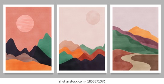 Mid century modern minimalist art print. Abstract contemporary aesthetic backgrounds landscapes set with Sun, Moon, sea, forest, mountains. vector illustrations