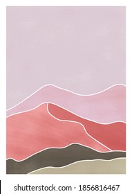Mid century modern minimalist art print. Abstract contemporary aesthetic backgrounds landscapes set with mountain, Sun, Moon, sea, forest. vector illustrations