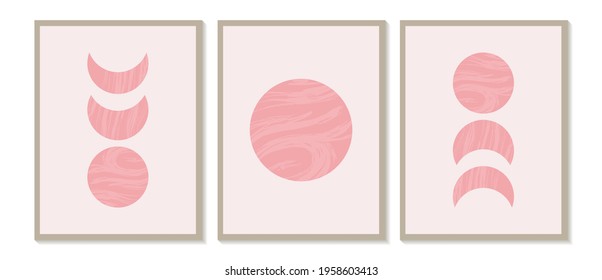 Mid century modern minimalist art print with organic natural shape. Abstract contemporary aesthetic background with geometric Moon phases. Boho wall decor.