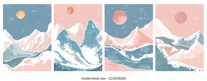 Mid century modern minimalist art print on set. Abstract mountain contemporary aesthetic backgrounds landscapes. vector illustrations