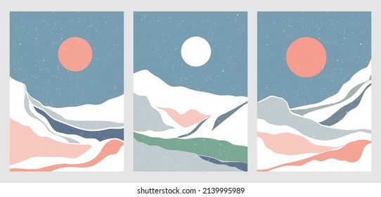 Impresión moderna de arte minimalista de mediados de siglo. Resumen de paisajes estéticos contemporáneos de montaña. ilustraciones vectoriales