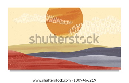  Mid century modern minimalist art print. Abstract contemporary aesthetic backgrounds landscapes set with Sun, Moon, sea, mountains. vector illustrations