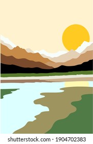 mid century modern minimalist vector illustration. Natural abstract portrait background. mountains, forests, sea, sky, sun and rivers